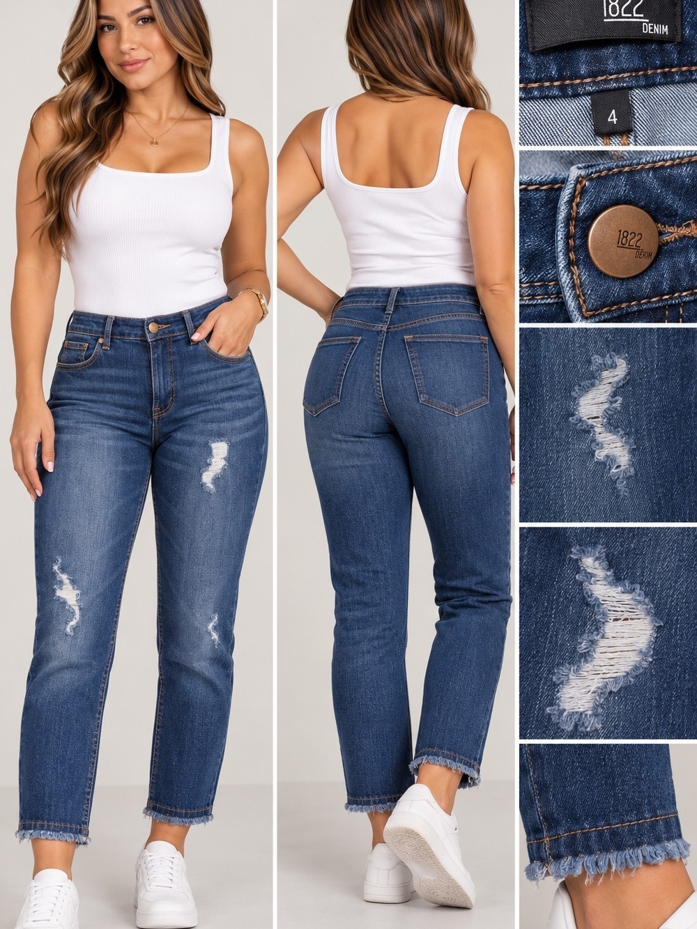 1822 Denim Women's Mid-Rise Distressed Straight Jeans - Dark Blue